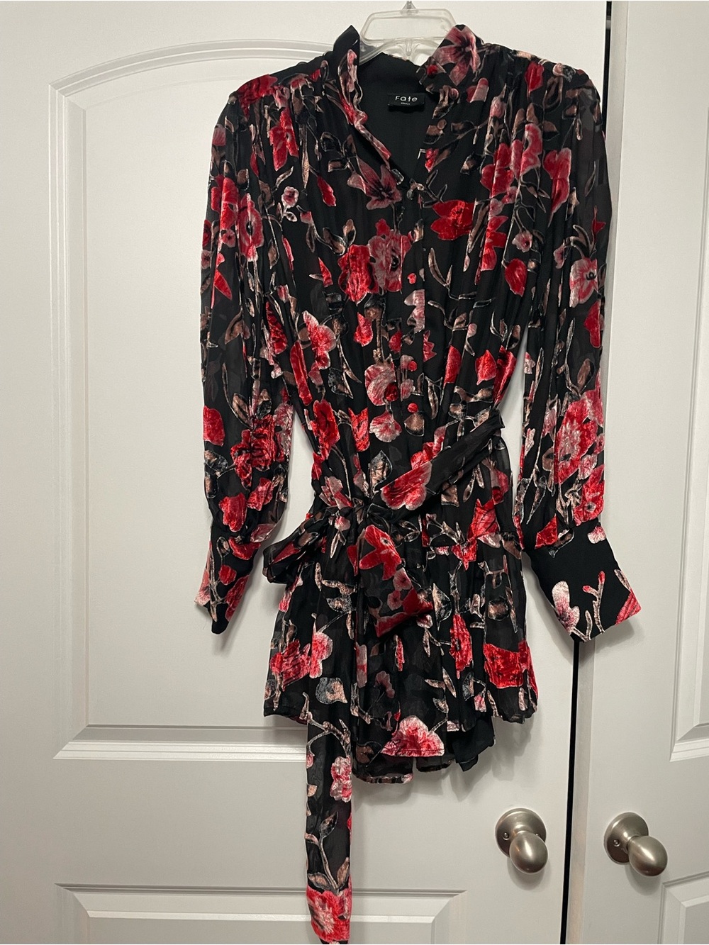 Fate Black Floral Red-Pink Long Sleeve Belted Mini Dress